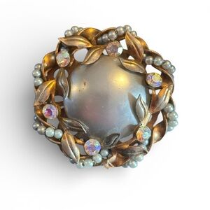 Vintage Gold and Silver Pearl AB Crystal Brooch